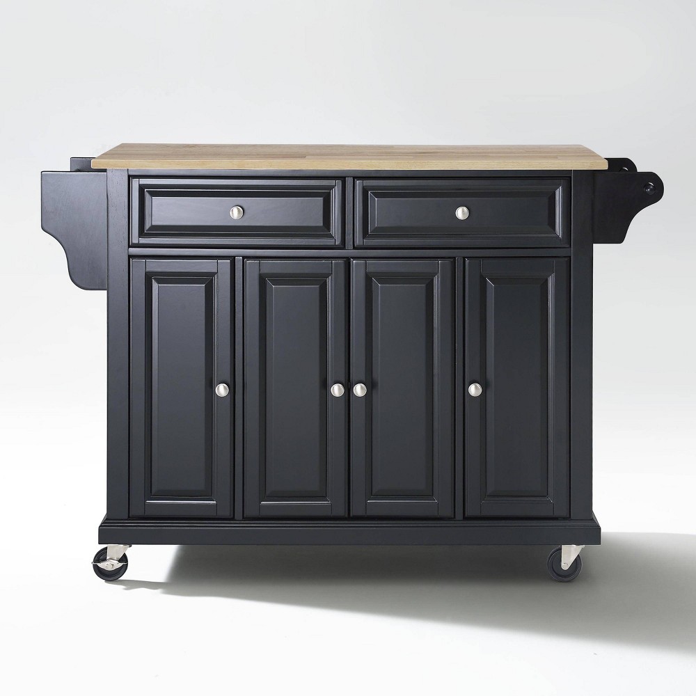 Full Size Wood Top Kitchen Cart Black - Crosley: Mobile Storage, 3 Cabinets, Spice Rack