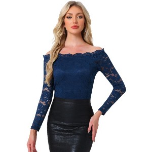 Allegra K Women's Off Shoulder Floral Lace Sheer Long Sleeves Lined Casual Blouse - 1 of 4