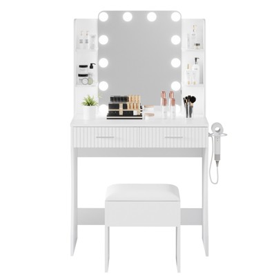 Makeup Vanity Desk with Mirror and 12 LED Lights, White Vanity Table with Power Outlet