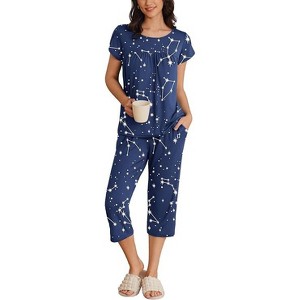 Ekouaer Womens Pajama Set Short Sleeve Sleepwear Pleated Floral Pjs Set Capri Pants Lounge Sets with Pockets - 1 of 4