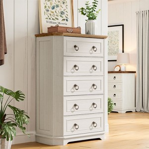 Farmhouse 5-Drawer Tall Dresser – Rustic White Wooden Chest for Bedroom, Living Room, or Hallway - 1 of 4