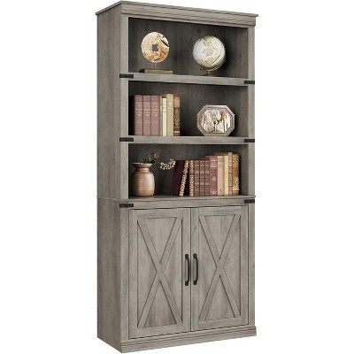 68.7" Tall 5-Shelf Bookcase with Storage Cabinet, Rustic Farmhouse Wooden Bookshelf with Doors, Freestanding 5-Tier Display Cabinet,Grey
