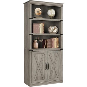 68.7" Tall 5-Shelf Bookcase with Storage Cabinet, Rustic Farmhouse Wooden Bookshelf with Doors, Freestanding 5-Tier Display Cabinet,Grey - 1 of 1
