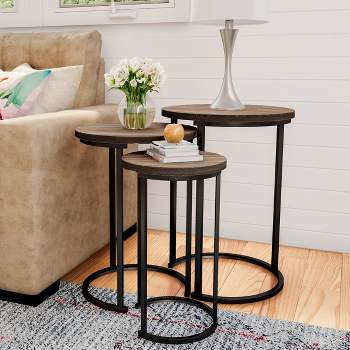 Hasting Home Set of 3 Round Living Room End Tables – Modern Faux Marble Top and Black Metal Base Nesting Tables or Nightstands