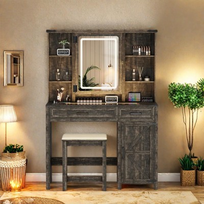 Sevobal Vanity Tables Farmhouse Vanity Desk with Spacious Storage, Glass Tabletop Vanity Cabinet with Matching Stool for Bedroom, Brown