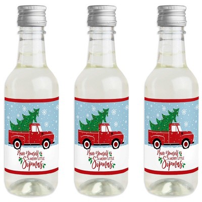 Big Dot of Happiness Merry Little Christmas Tree - Mini Wine and Champagne Bottle Label Stickers - Red Truck Christmas Party Favor Gift - Set of 16