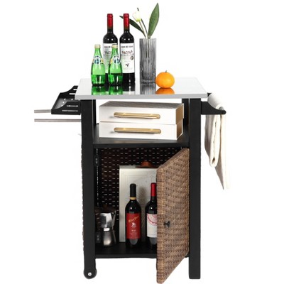 VYNXARIA Outdoor Wicker Bar Cart: Rolling Storage Cabinet with Stainless Steel Top