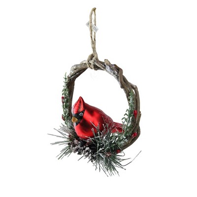 Northlight 4" Cardinal Sitting in a Twig, Berry and Pine Cone Wreath Christmas Ornament