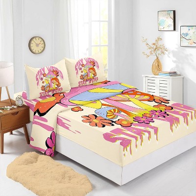 Acoinel 4Pcs Mushroom Pink Comforter Set with with 1 Fitted Sheet, 1 Flat Sheet and 2 Pillowcases, for Kids Teens Boys Girls Adults Bedroom