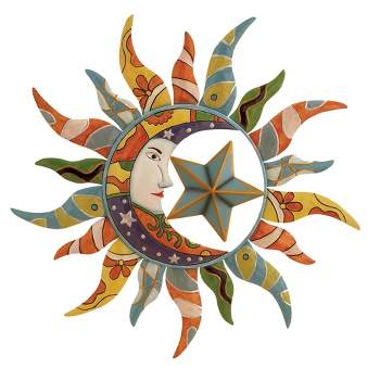 Metal Sun and Moon Indoor Outdoor Wall Decor with Abstract Patterns Green - Olivia & May