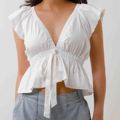 Women's V-Neck Sleeveless Top - Cotton with Bow Tie Waist Detail & Elastic Waistband Cherie Code
