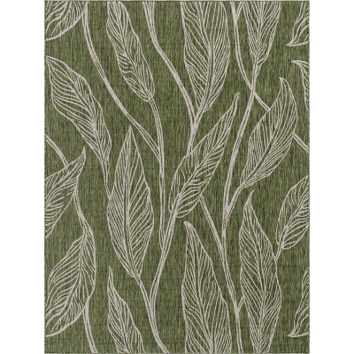 Green and Ivory Botanical Leaf Outdoor Rug, 9' x 12', Synthetic