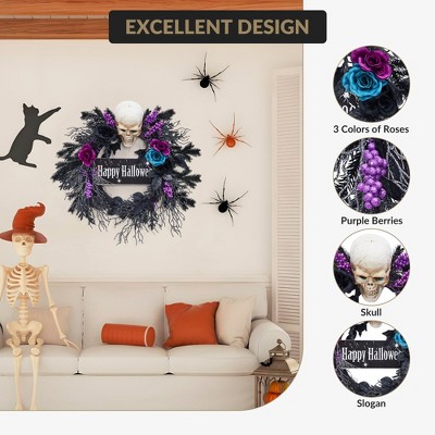 22'' Halloween Wreath, Artificial Halloween Skull Wreath with 3 Color Roses, Purple Halloween Door Wreath Decorations , Halloween Door