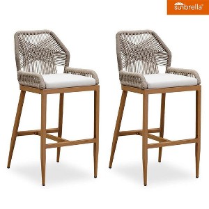 PURPLE LEAF Patio Sunbrella Bar Stools Set of 2 Handwoven Wicker Bar Height Stool Modern Aluminum Outdoor Wicker Barstools with Back and Cushion - 1 of 4