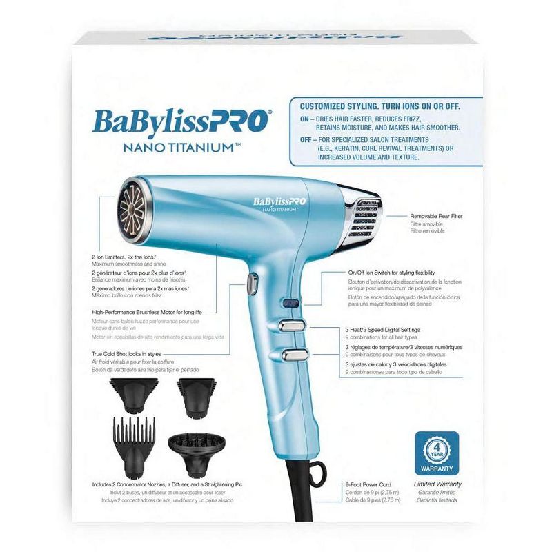 BaBylissPRO Hair Dryer, Nano Titanium Dual Ionic Blow Dryer, Hair Styling Tools & Appliances, BNT9100 (Babyliss Pro), 4 of 8