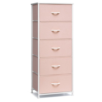 Crestlive Products Vertical Dresser for Bedroom Storage Tower With Steel Frame Wood Top Easy Pull Fabric Bins