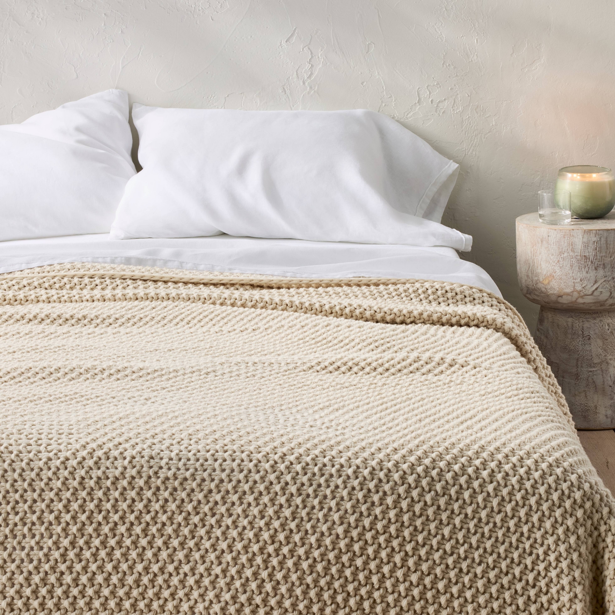 Full/Queen Chunky Knit Bed Blanket Natural - Casaluna™