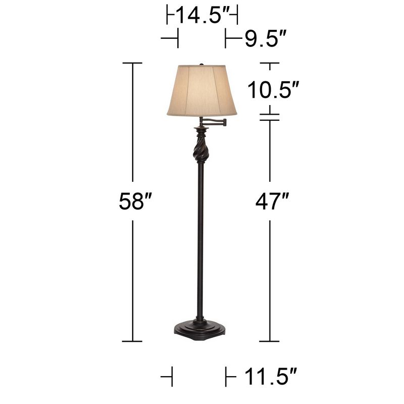 Regency Hill Traditional Swing Arm Floor Lamp 58" Tall Painted Black Bronze Swirl Font Faux Silk Beige Shade for Living Room Reading Office, 4 of 10