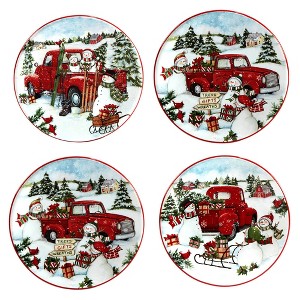 Set of 4 Red Truck Snowman Dining Canape Plates - Certified International - 1 of 4