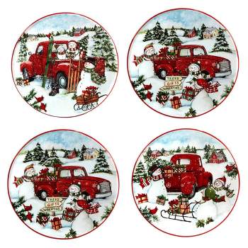 Set of 4 Red Truck Snowman Dining Canape Plates - Certified International