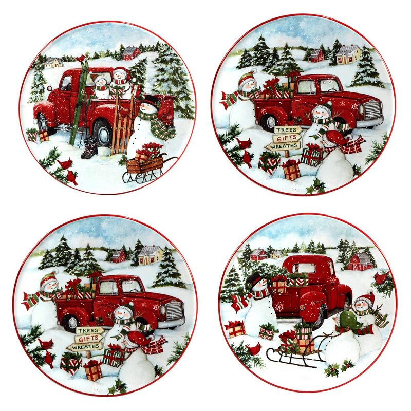 Set of 4 Red Truck Snowman Dining Canape Plates - Certified International, 1 of 8