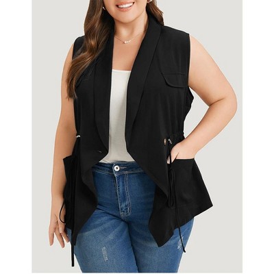 Causal Vest for Plus Size Women Casual Blazer Jacket Casual Office Vest Drawstring Peplum Jacket with Pocket,Black - 4X
