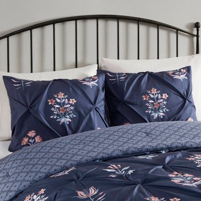 Navy Microfiber Full Bedspread Set with Floral Print