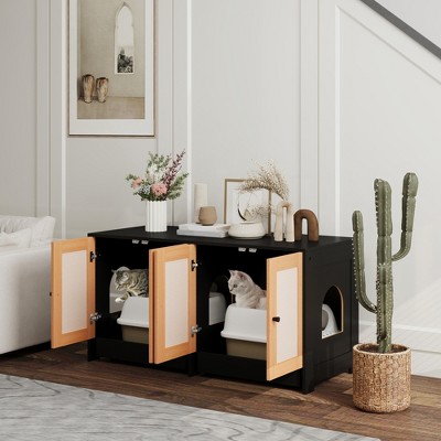 Black and Natural Sisal Cat Litter Box Enclosure with Cabinets