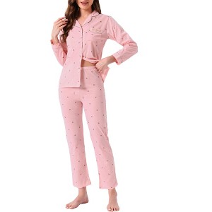 INSPIRE CHIC Women's Loungewear Button Up Cute Pattern Print Long Sleeve Notched Collar Pants Set with Pockets Pajama Set - 1 of 4