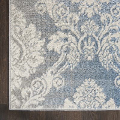 Ivory Blue Floral Damask 5' x 7' Easy-Care Synthetic Area Rug