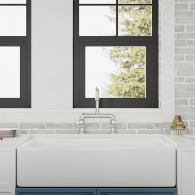 Brushed Nickel Double Handle Deck Mount Kitchen Faucet with 360° Swivel Spout