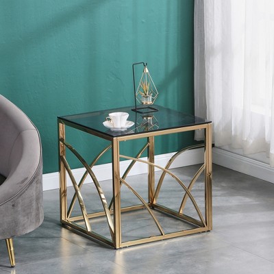 Stainless Steel Cube Coffee Table, Modern Coffee Table with Tempered Glass Top for Dining Room Kitchen Living Room