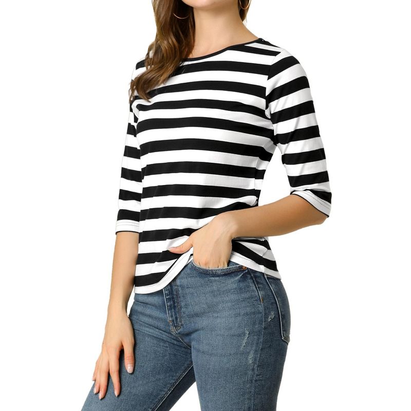Allegra K Women's Elbow Sleeves Boat Slim Fit Casual Printed T-Shirt, 1 of 8