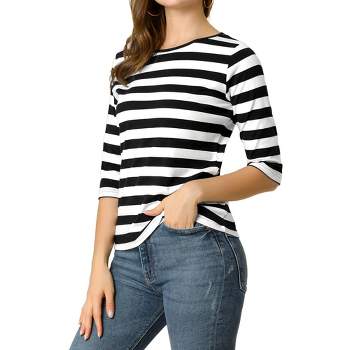 Allegra K Women's Elbow Sleeves Boat Slim Fit Casual Printed T-Shirt
