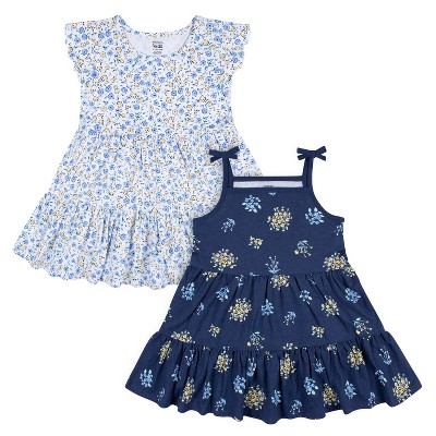 Image of Gerber Baby and Toddler Girls' Short Sleeve Cotton Dresses - Blue Floral - 12 Months - 2-Pack