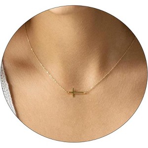 Gold Sideways Cross Necklace for Women, 14K Gold Plated Simple Everyday Choker - 1 of 4