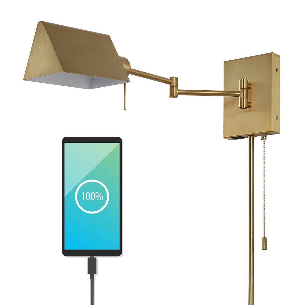 Photos - Chandelier / Lamp 22" 1-Light Arlo Farmhouse Swing Arm Wall Sconce with USB Port Gold - JONATHAN Y: Rotating Shade, LED Edison Bulb