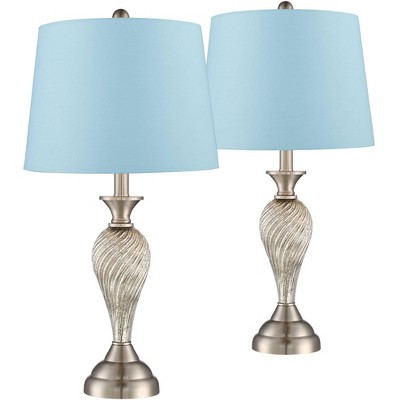 Regency Hill Arden 25" High Twist Modern Table Lamps Set of 2 Silver Brushed Nickel Finish Mercury Glass Blue Hardback Shade Living Room Bedroom