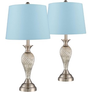 Regency Hill Arden 25" High Twist Modern Table Lamps Set of 2 Silver Brushed Nickel Finish Mercury Glass Blue Hardback Shade Living Room Bedroom - 1 of 4