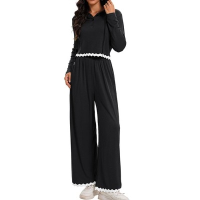 ATHLECHIC Women's Casual Lounge Cropped Half Button Hoodie Top Wide Leg Pants Ribbed Knit Tracksuit Two Piece Sets