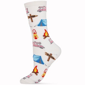Memoi Happy Camper Bamboo Blend Crew Socks Beige 9-11 - 1 of 4