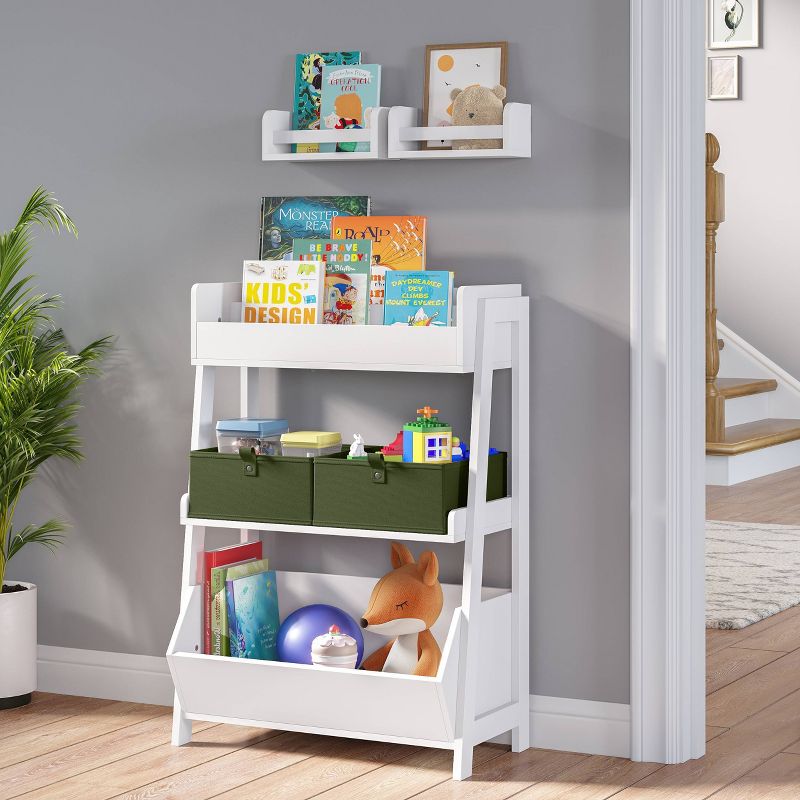 3-Tier Kids&#39; Ladder Shelf with Bookrack Plus 2 Bonus 10&#34; Floating Bookshelves White - RiverRidge Home, 3 of 10