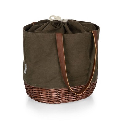 Picnic Time Coronado Canvas and Willow Basket Tote Khaki Green with Beige Accents