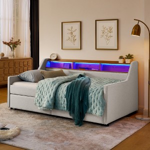 Twin Size Upholstered Sofa Bed with Three LED lights and Storage Adjustable Headboard for Bedroom or Guest Room - 1 of 4
