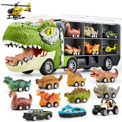 13 in 1 Dinosaur Toys, Dinosaur Truck with 12 Pull Back Cars, Dino Cars Set, Birthday Gifts for 3 4 5+ Year Boy, Transport Carrier Truck for Toddlers