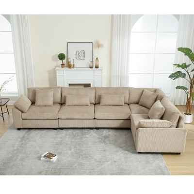 Oversized Modular Sectional Sofa Couch Set, 5-Seater L-Shaped Sectional for Living Room, Corduroy Upholstered Modular Sofa with 7 Free Pillows