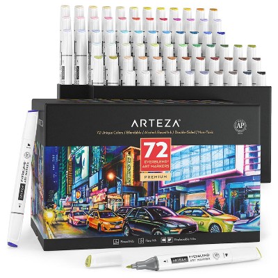 Arteza Professional EverBlend Dual Tip Ultra Artist Brush Sketch Markers, Assorted Colors, Alcohol-Based, Replaceable Tips - 72 Pack (ARTZ-8759-1)