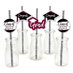 Big Dot of Happiness Maroon 2025 Graduation Paper Straw Decor - Party Striped Decorative Straws - Set of 24 - 1 of 4