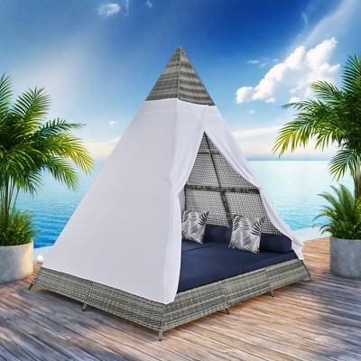 FURNIinspire Patio Chaise Lounges Patio Daybed With Cushions And Tent, Outdoor Wicker Sunbed For Backyard, Garden, Gray And Blue, 72.4“*90.5"*102.4"