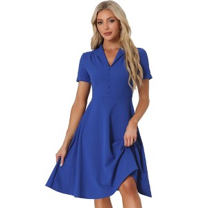 INSPIRE CHIC Women's Vintage Flat Collar V Neck Short Sleeve Belted 1950s Flare Dress - 1 of 4